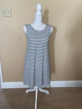Sleeveless Gray & White Striped Swing Dress